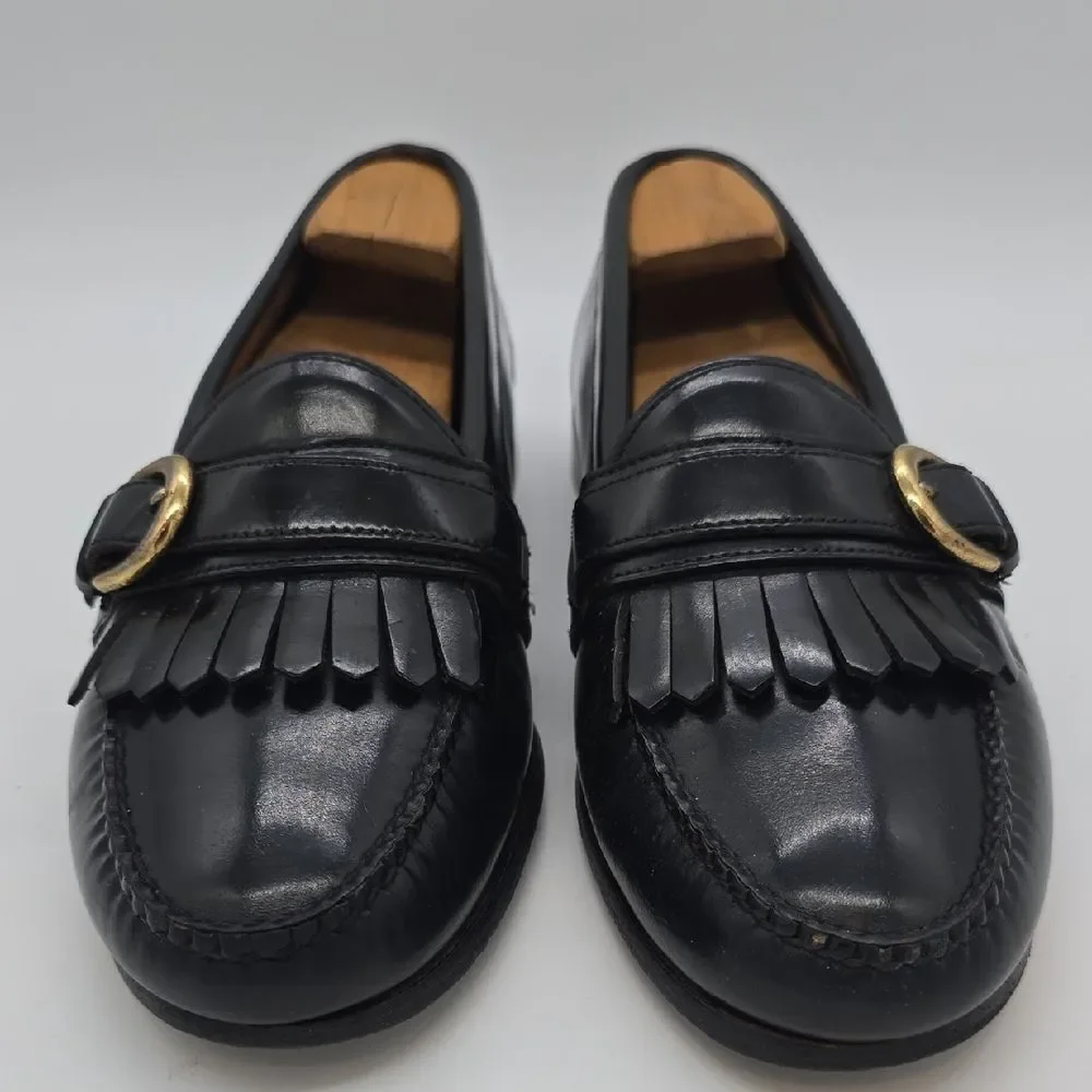Cole Haan Black Leather Kiltie Loafers with Gold Buckle